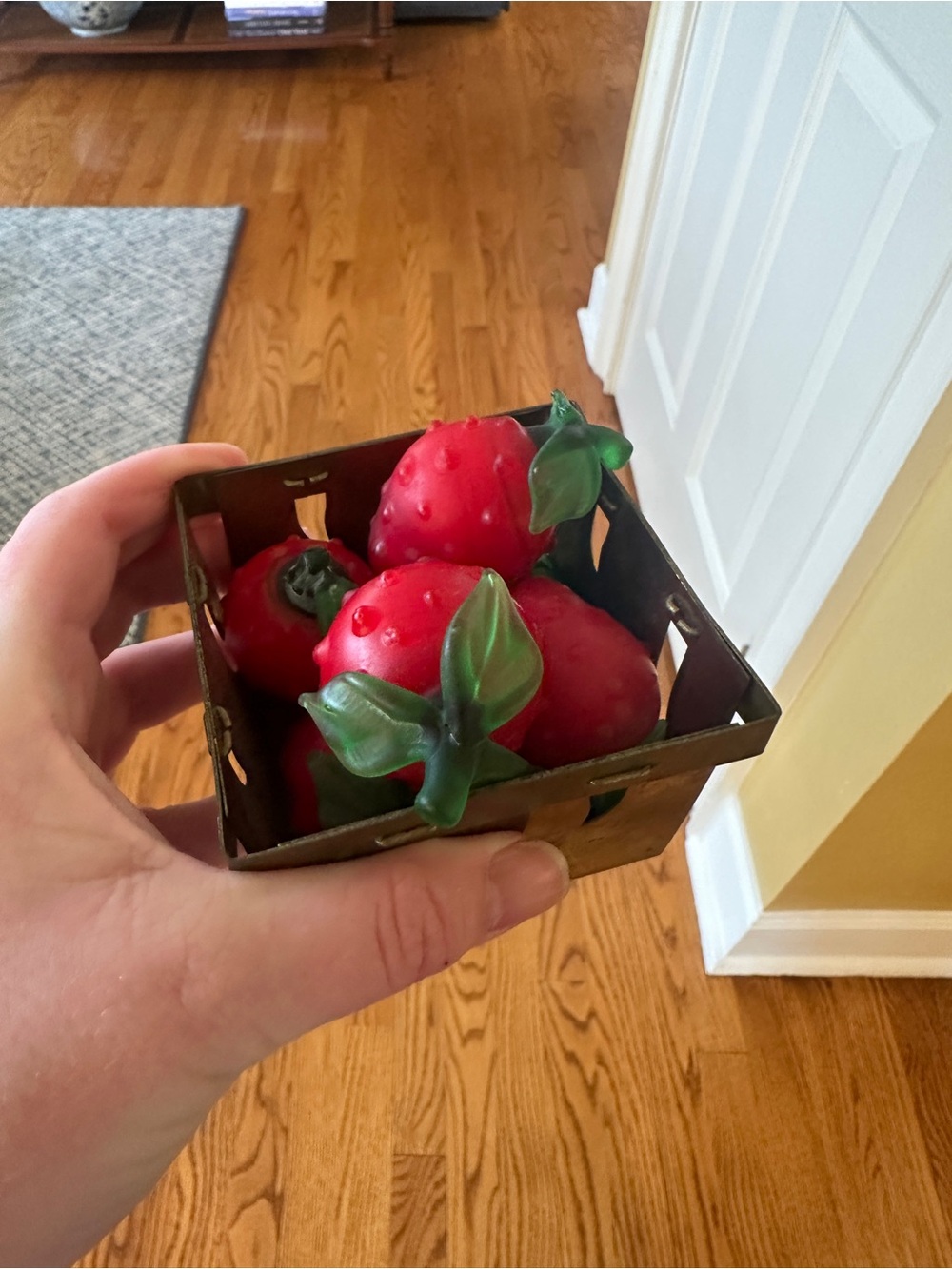 Vintage Red Strawberry Basket with Green Leaves